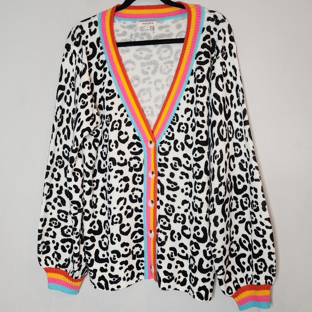 Andree by Unit Leopard Rainbow Button Knit Cardigan women's size 1X